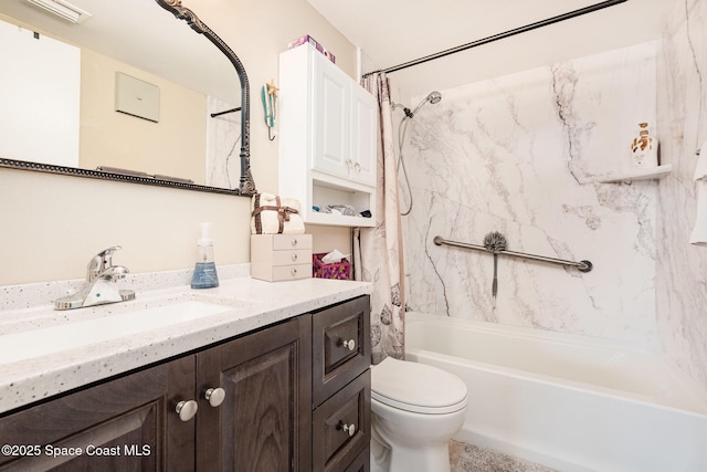 full bathroom with vanity, shower / bath combination with curtain, and toilet