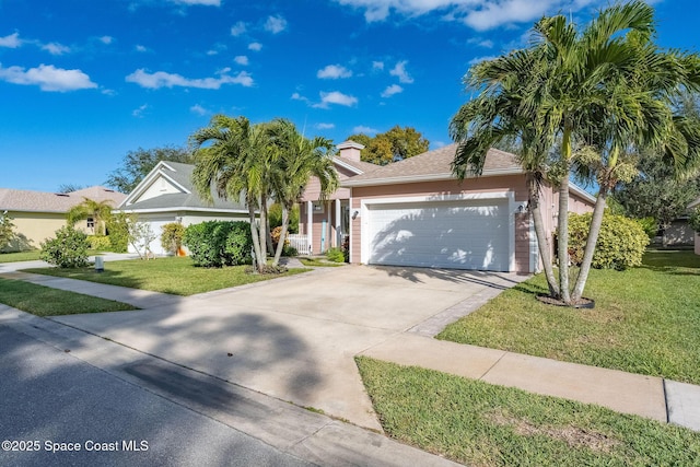 view of front of house with a front yard and a garage