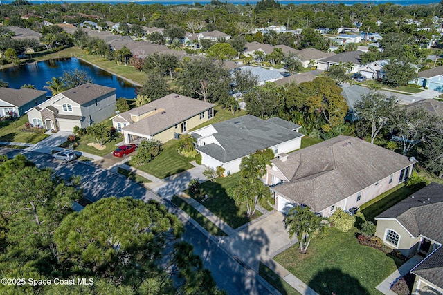 aerial view featuring a water view