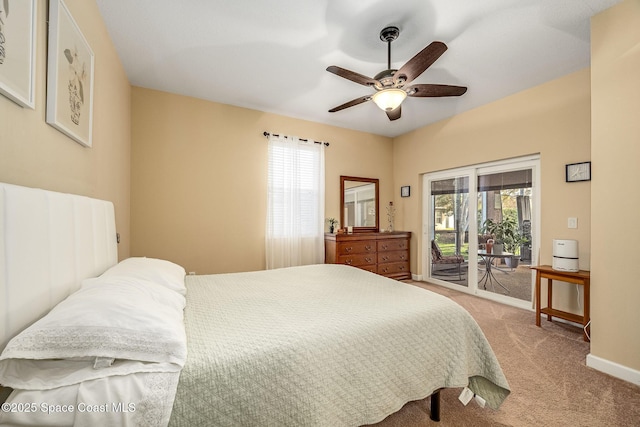 bedroom with access to outside, ceiling fan, and light colored carpet