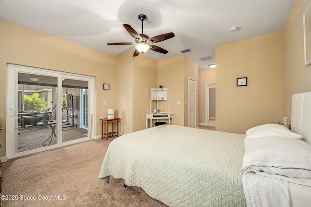 bedroom with ceiling fan, light carpet, access to outside, and a closet