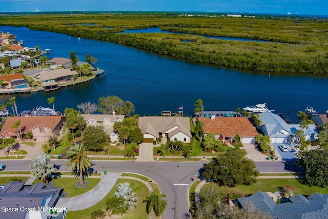 aerial view featuring a water view