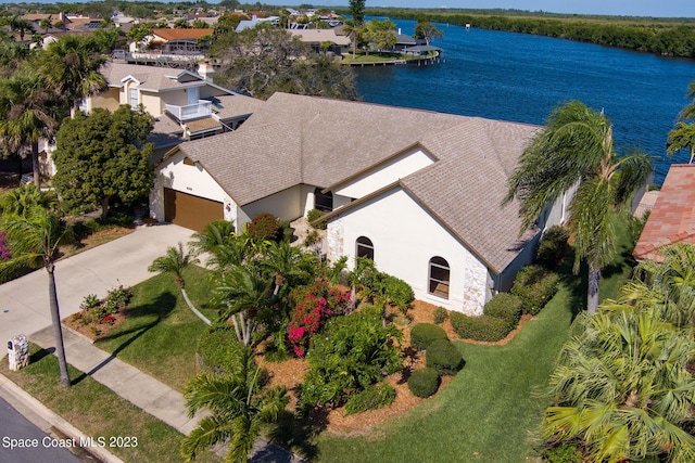 drone / aerial view featuring a water view