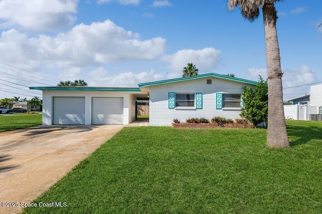 ranch-style home with a garage and a front lawn