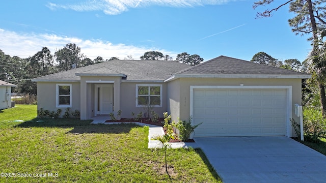 ranch-style house with a garage and a front lawn