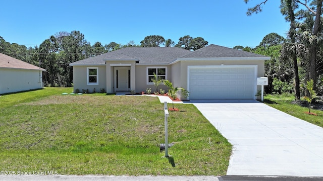 ranch-style home featuring a front lawn and a garage