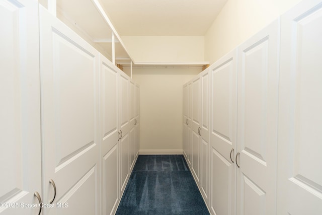 spacious closet featuring dark carpet