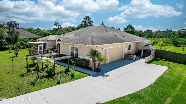 view of front of property featuring a storage unit and a front lawn