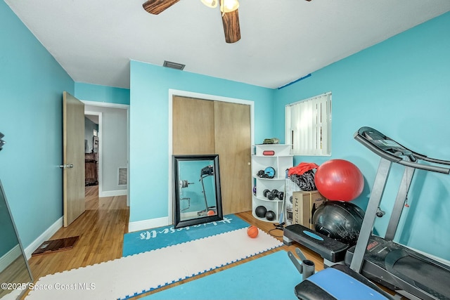 exercise area with ceiling fan and light hardwood / wood-style flooring