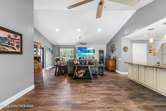 living room with dark hardwood / wood-style floors and lofted ceiling