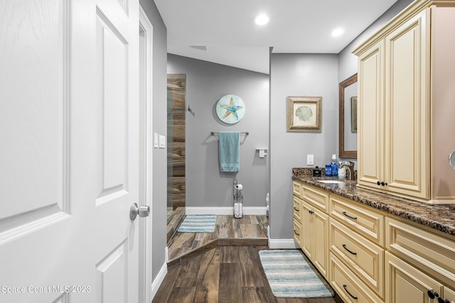 bathroom featuring a shower, wood-type flooring, and vanity