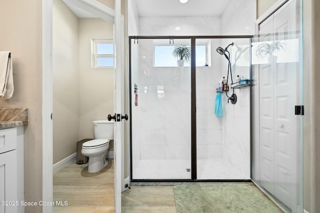 bathroom featuring vanity, hardwood / wood-style flooring, toilet, and an enclosed shower