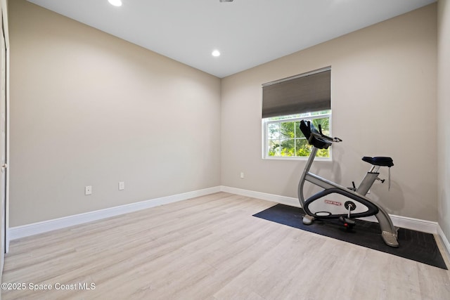 workout area featuring light wood-type flooring