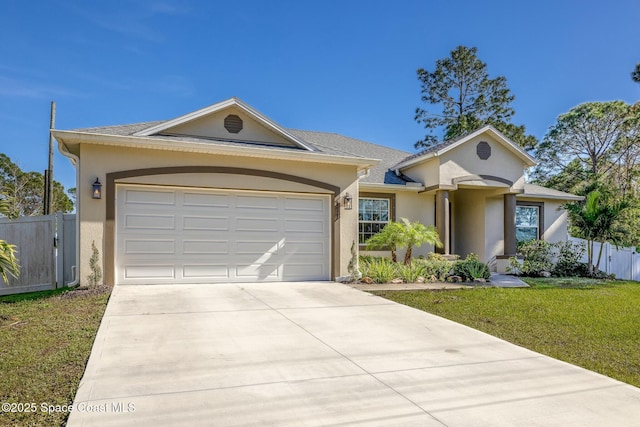 single story home featuring a garage and a front lawn