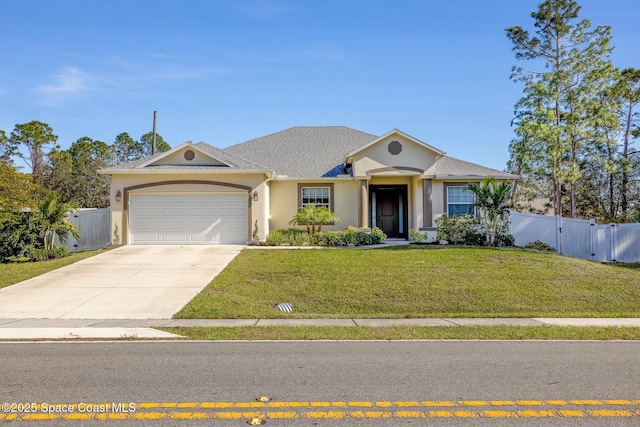 ranch-style house featuring a garage and a front yard