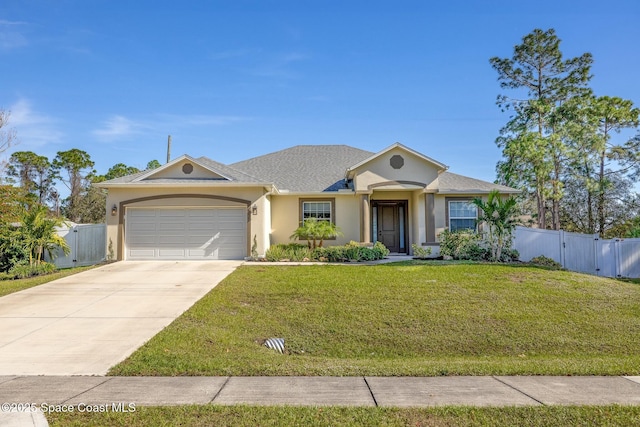 ranch-style house with a front yard and a garage