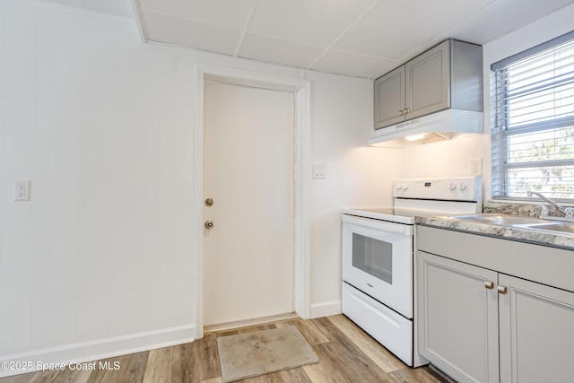 kitchen featuring a drop ceiling, gray cabinetry, sink, electric range, and light hardwood / wood-style floors