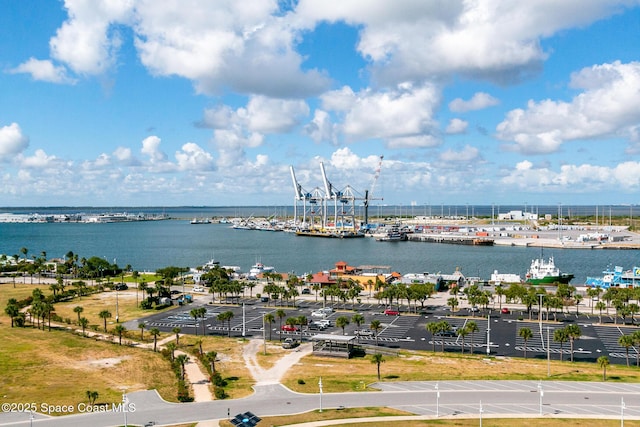 aerial view featuring a water view