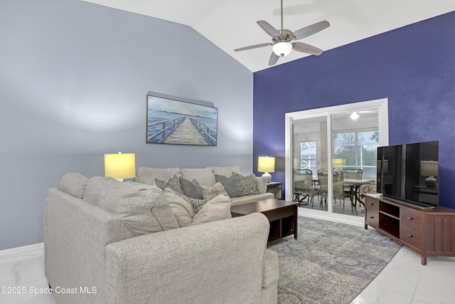 living room with vaulted ceiling and ceiling fan