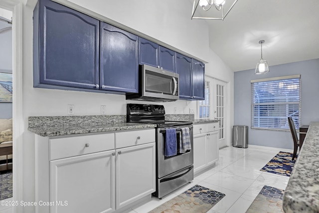 kitchen with vaulted ceiling, decorative light fixtures, white cabinets, stainless steel appliances, and blue cabinetry