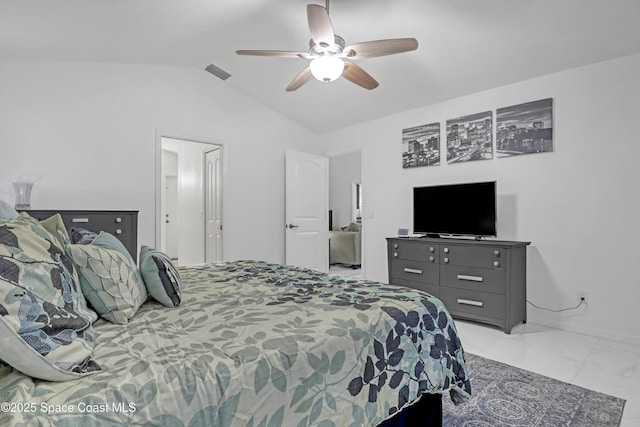 bedroom featuring ceiling fan and lofted ceiling