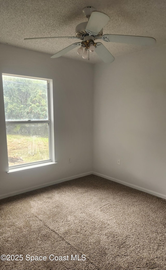 empty room featuring ceiling fan, carpet, and a textured ceiling