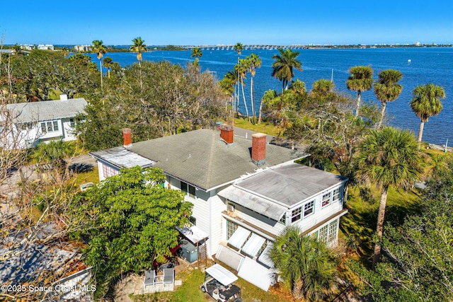 aerial view featuring a water view