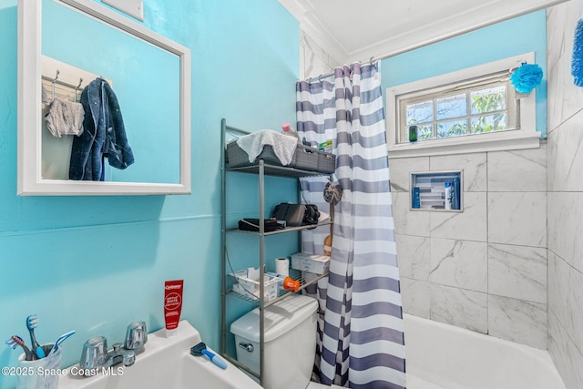 bathroom featuring shower / bath combo, toilet, and ornamental molding