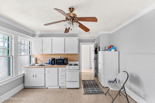 kitchen with white cabinetry, white appliances, sink, and a wealth of natural light