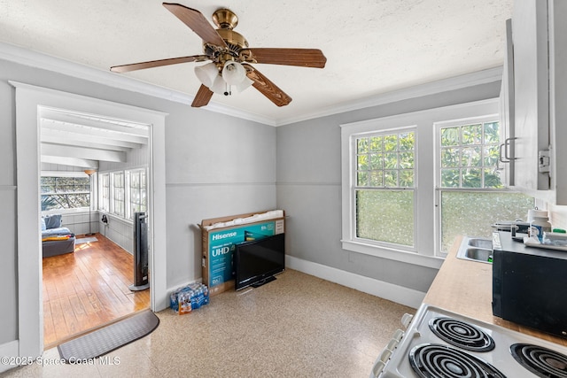 kitchen with a textured ceiling, white range, ceiling fan, and ornamental molding