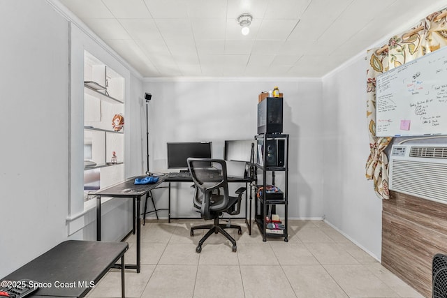 home office with ornamental molding and light tile patterned flooring