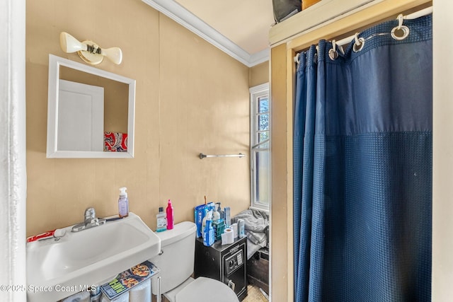 bathroom with toilet, ornamental molding, and sink