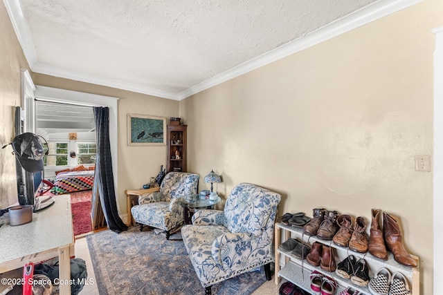 living area featuring a textured ceiling and ornamental molding