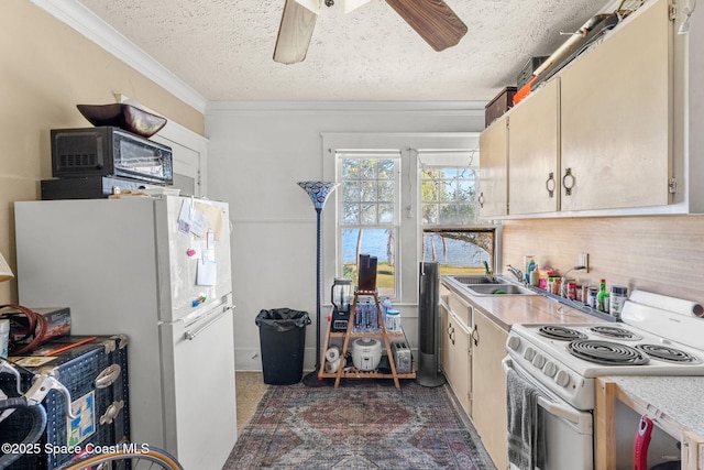 kitchen with ceiling fan, sink, tasteful backsplash, a textured ceiling, and white appliances