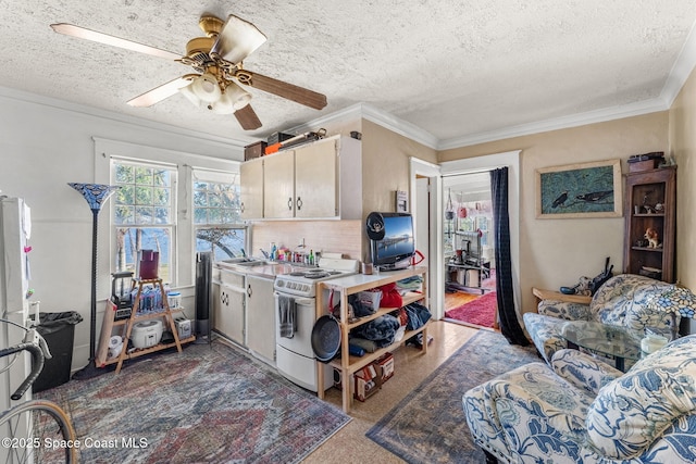 kitchen featuring a textured ceiling, white range oven, ceiling fan, and crown molding