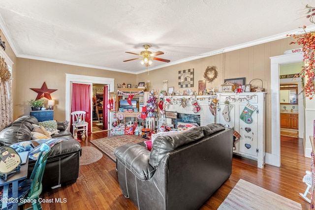 living room with crown molding, hardwood / wood-style floors, ceiling fan, and a textured ceiling