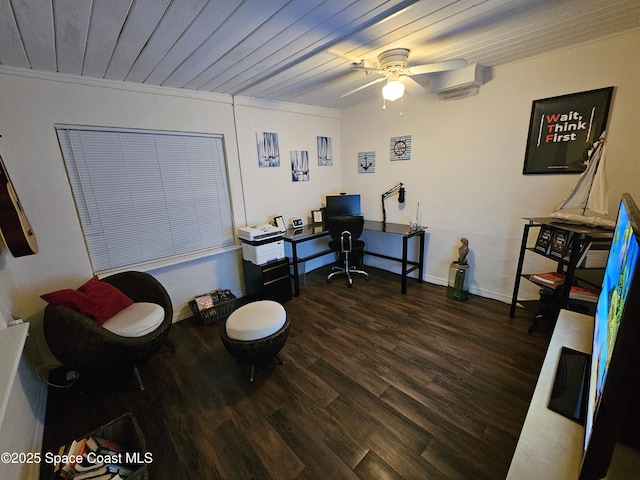 office area with ceiling fan, dark hardwood / wood-style flooring, wood ceiling, and ornamental molding