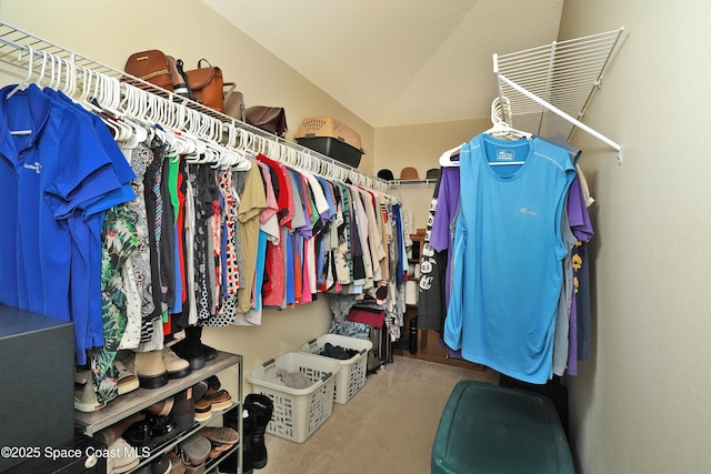 spacious closet with lofted ceiling and carpet floors