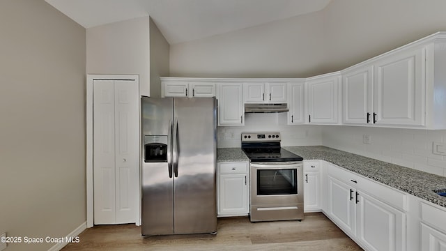 kitchen with backsplash, stainless steel appliances, stone counters, white cabinets, and light hardwood / wood-style floors