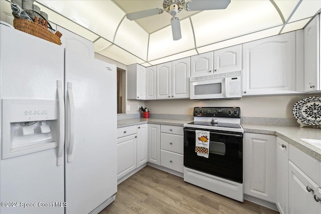 kitchen featuring white cabinetry, ceiling fan, light hardwood / wood-style floors, and white appliances