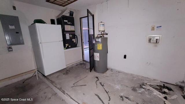 utilities featuring electric panel, heating unit, and water heater