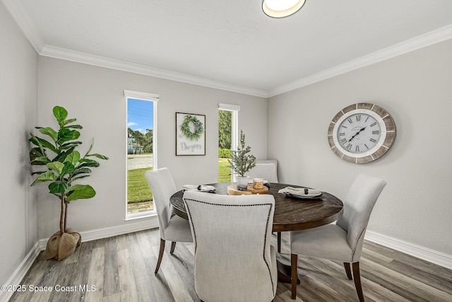 dining room with crown molding and hardwood / wood-style flooring