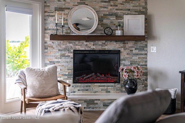 interior details with a stone fireplace