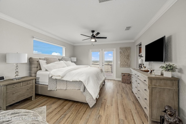 bedroom with light wood-type flooring, ceiling fan, access to exterior, and ornamental molding