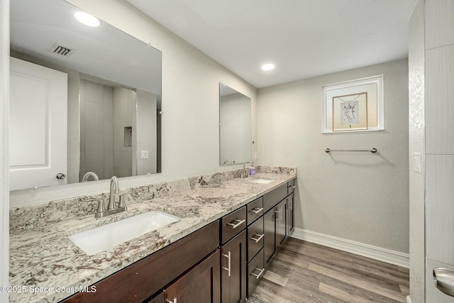 bathroom with wood-type flooring and vanity