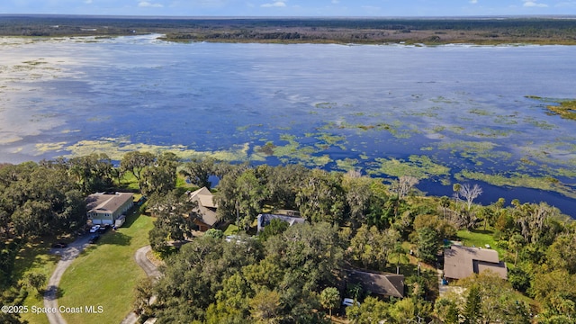 drone / aerial view featuring a water view