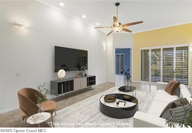 tiled living room featuring crown molding and ceiling fan