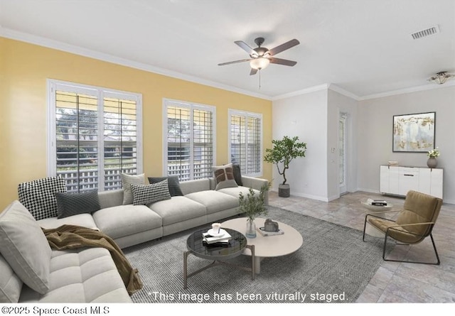 living room with crown molding and ceiling fan