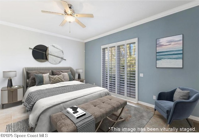 bedroom with access to exterior, ceiling fan, and crown molding