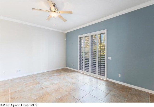 empty room with ceiling fan and ornamental molding